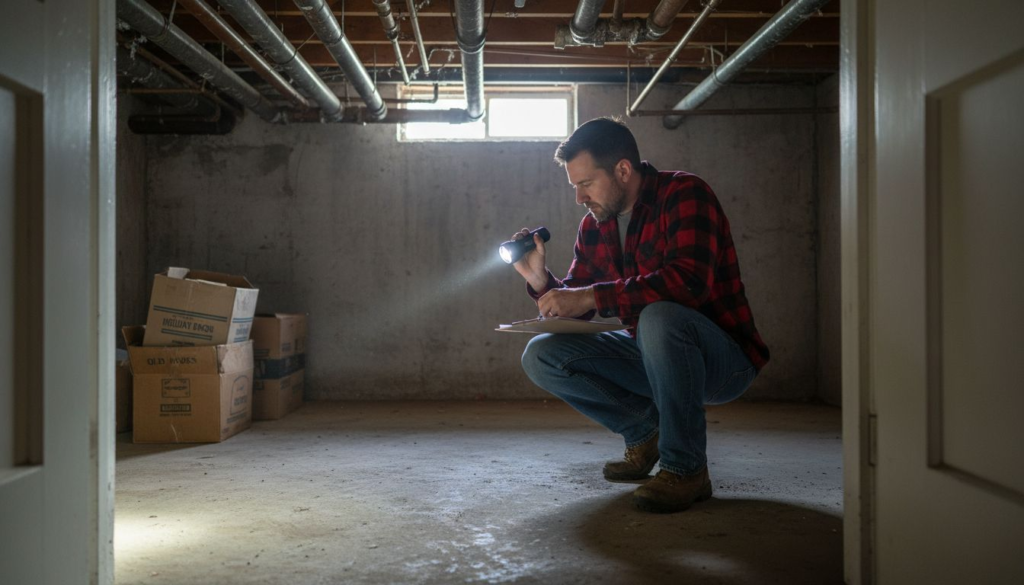 Homeowner inspecting pipes in basement