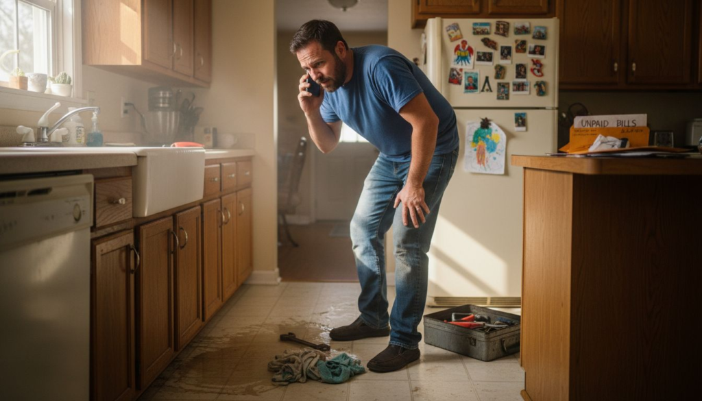 Homeowner reacting to plumbing emergency